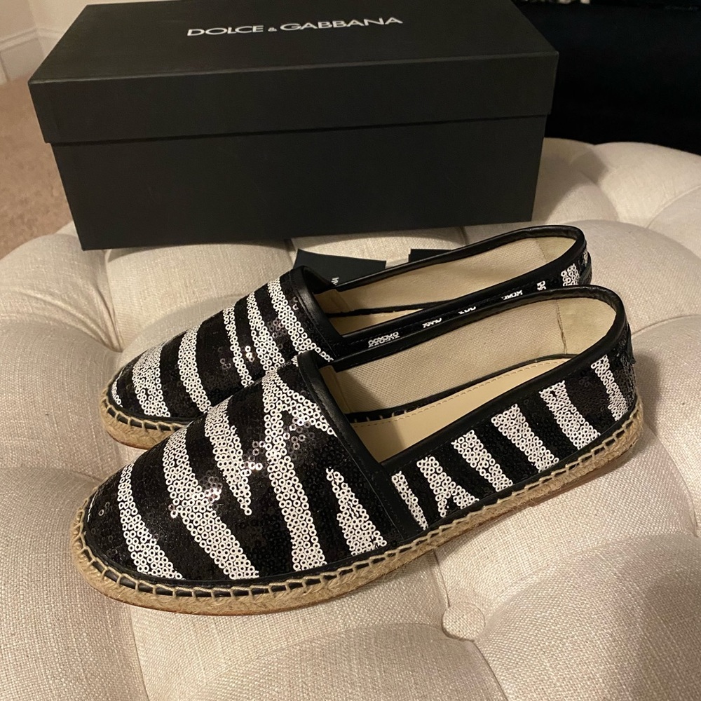 ✨SOLD!✨🎉HP!✨SALE!!!✨Dolce & Gabbana✨NEW!✨Leather Sequin Espadrille Loafer Shoes - Picture 3 of 10